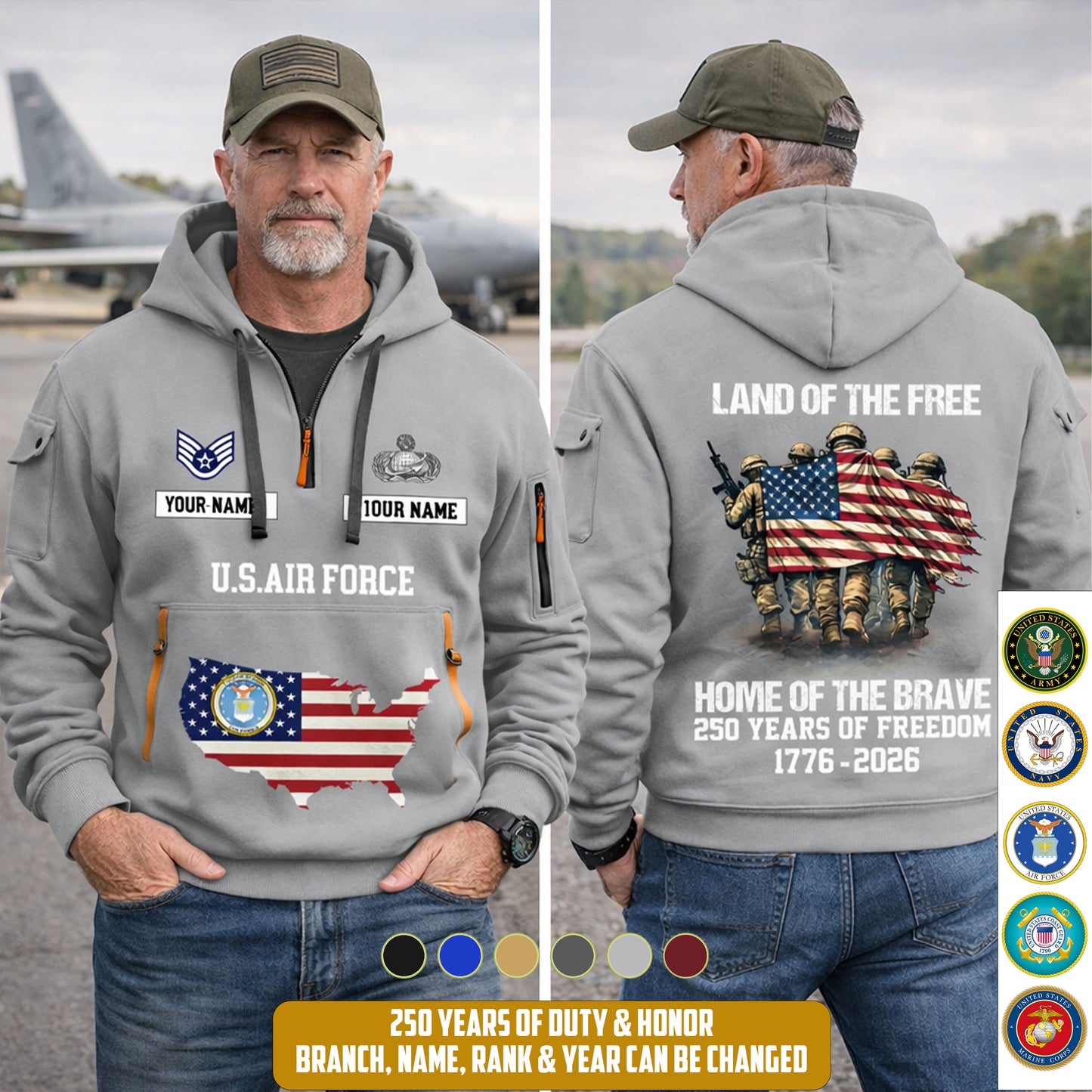 Air Force Badge - Land Of The Free Home Of The Brave – Personalized Zip Hoodie Multicolor, Custom Rank Unit Military Branch Zip Hoodie Multicolor, 250th USA, 4th of July - 17700768