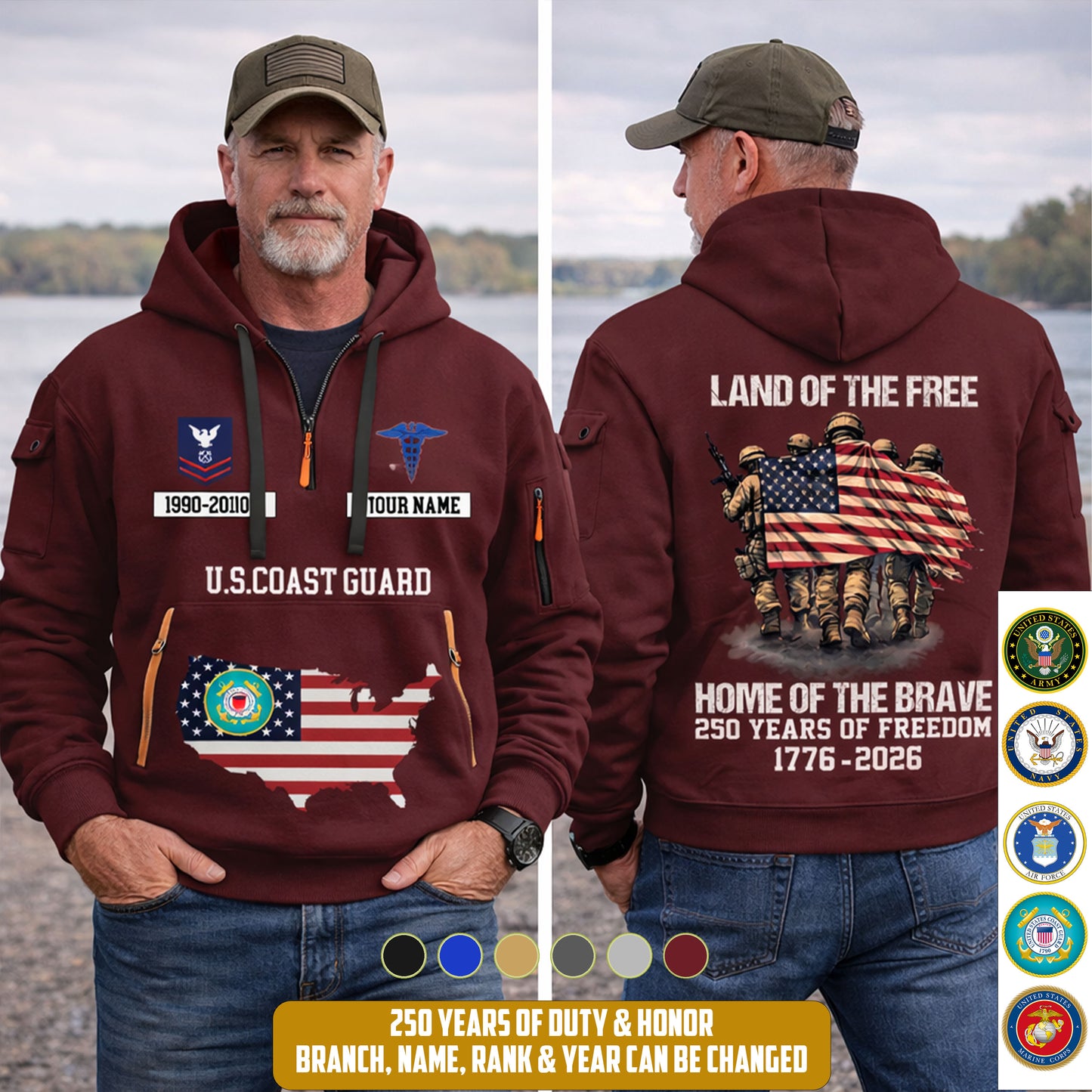 Coast Guard Rating - Land Of The Free Home Of The Brave – Personalized Zip Hoodie Multicolor, Custom Rank Unit Military Branch Zip Hoodie Multicolor, 250th USA, 4th of July - 17700768
