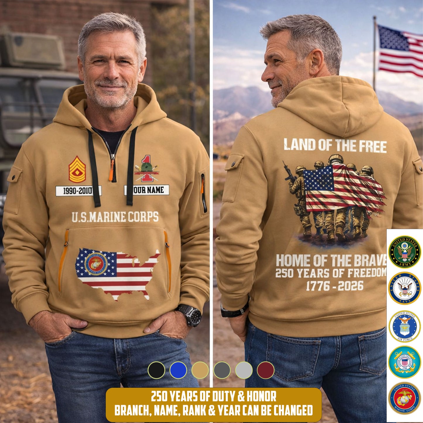Marines Battalions - Land Of The Free Home Of The Brave – Personalized Zip Hoodie Multicolor, Custom Rank Unit Military Branch Zip Hoodie Multicolor, 250th USA, 4th of July - 17700768