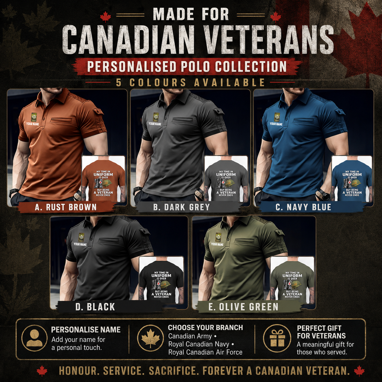 Personalized Canada Soldier/Veteran with Name and Rank Polo Shirt With Pocket - 17550432