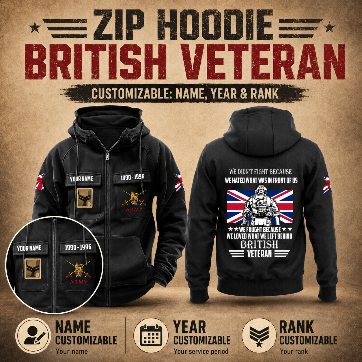 Personalized UK Soldier/Veteran Tactical Zip Hoodie - QK1780099203