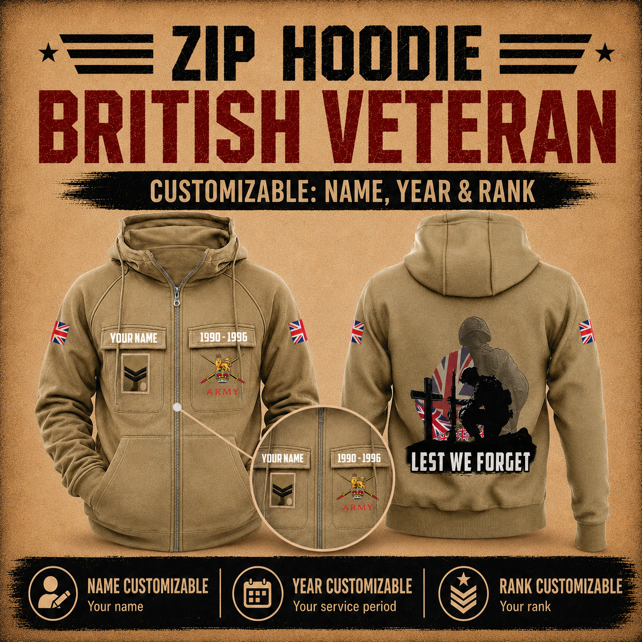 Personalized UK Soldier/Veteran Tactical Zip Hoodie, Lest We Forget - QK1780099204