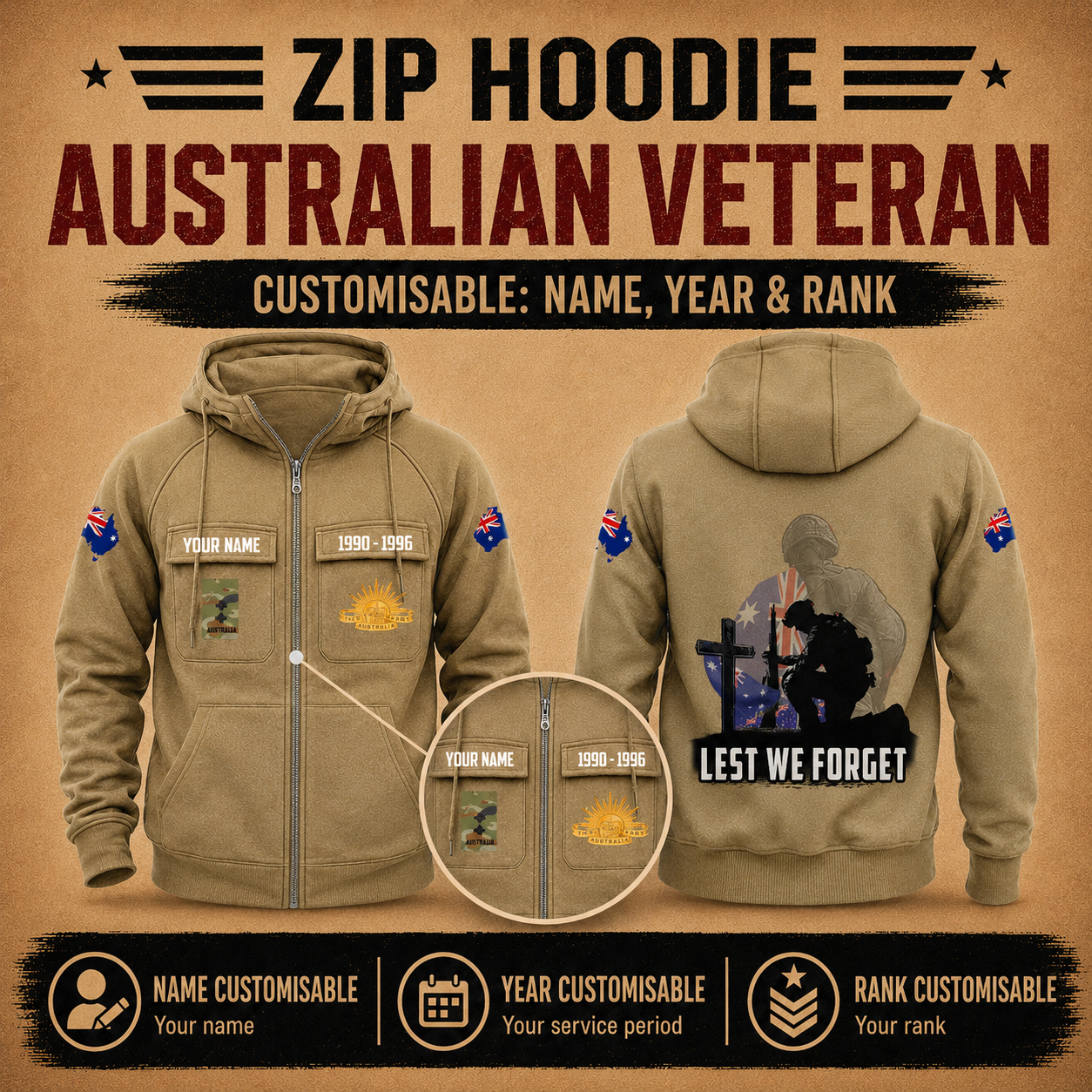 Personalized Australia Soldier/Veteran Tactical Zip Hoodie, Lest We Forget - QK1780099204