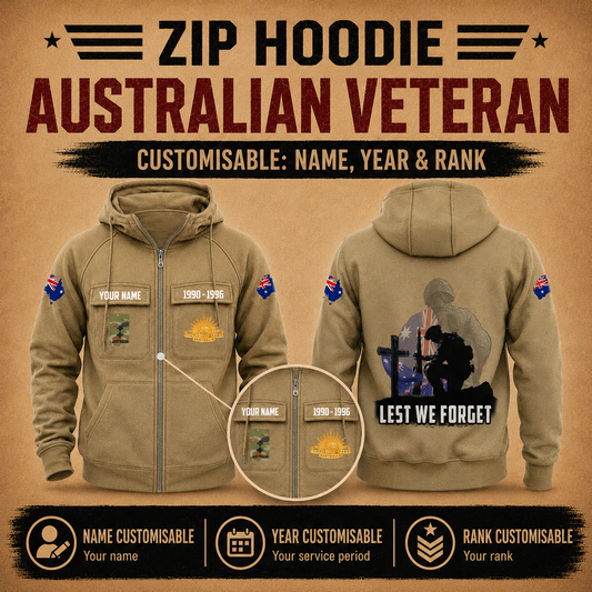 Personalized Australia Soldier/Veteran Tactical Zip Hoodie, Lest We Forget - QK1780099204