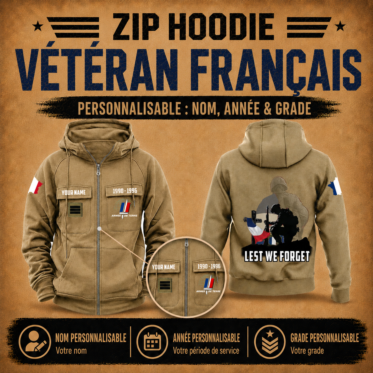Personalized France Soldier/Veteran Tactical Zip Hoodie, Lest We Forget - QK1780099204