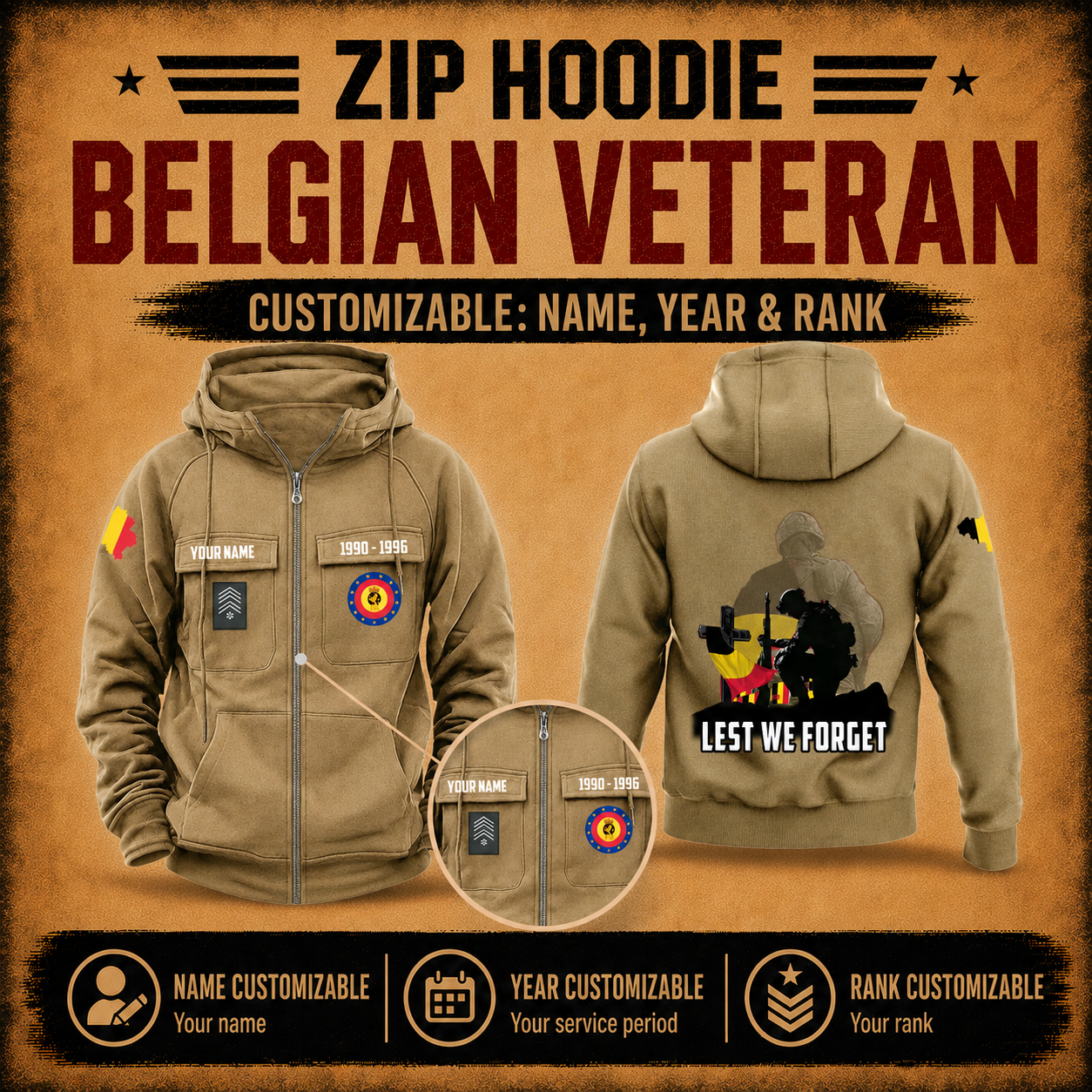 Personalized Belgium Soldier/Veteran Tactical Zip Hoodie, Lest We Forget - QK1780099204