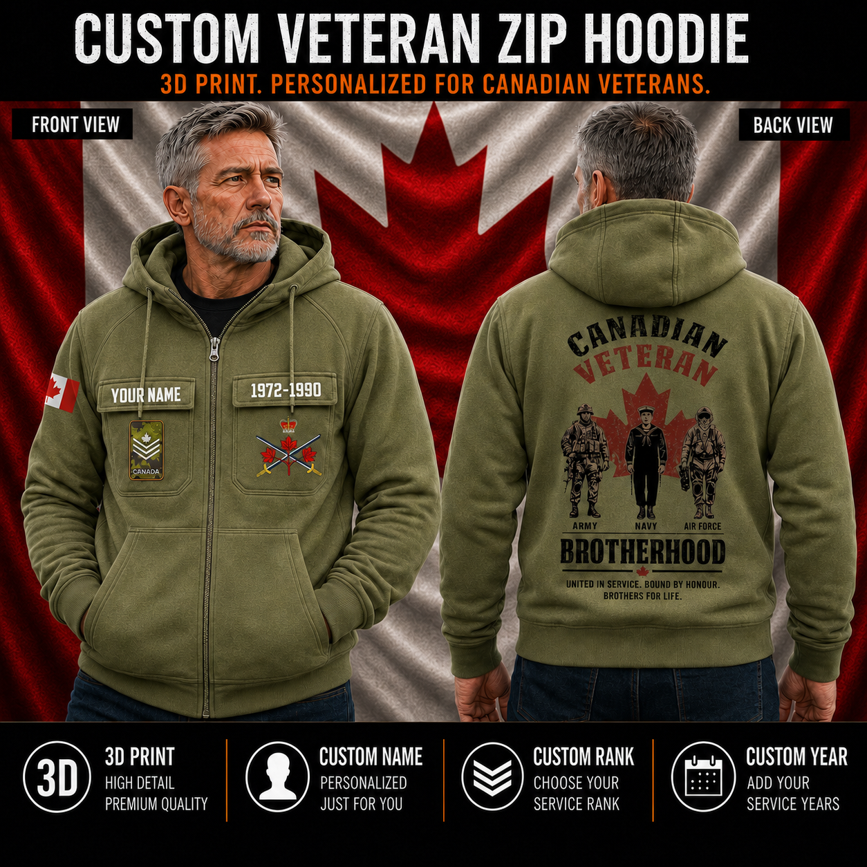 Personalized Canada Soldier/Veteran Tactical Zip Hoodie, Canadian Veteran - QK1780272004
