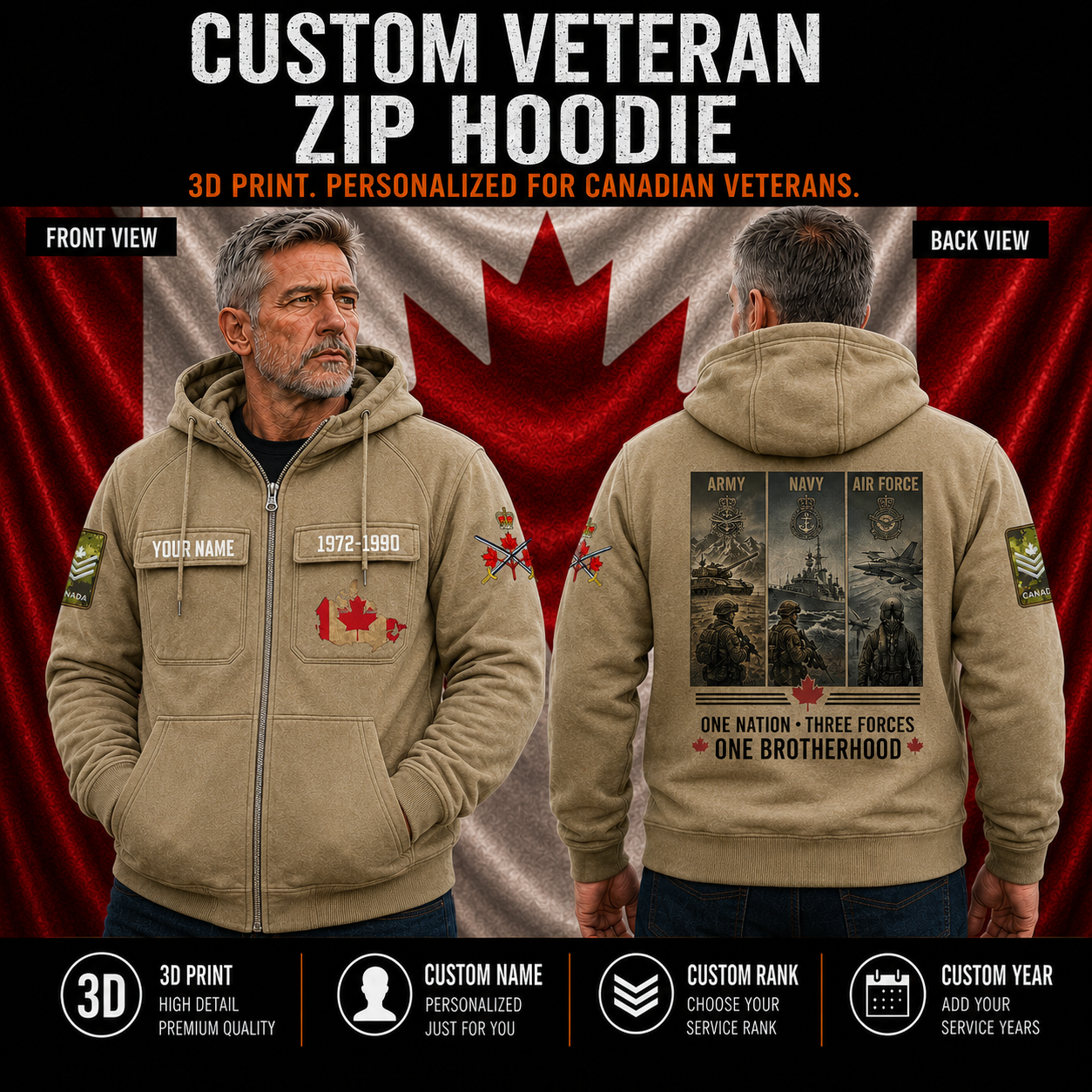 Personalized Canada Soldier/Veteran Tactical Zip Hoodie, One Nation, Three Forces - QK1780272010