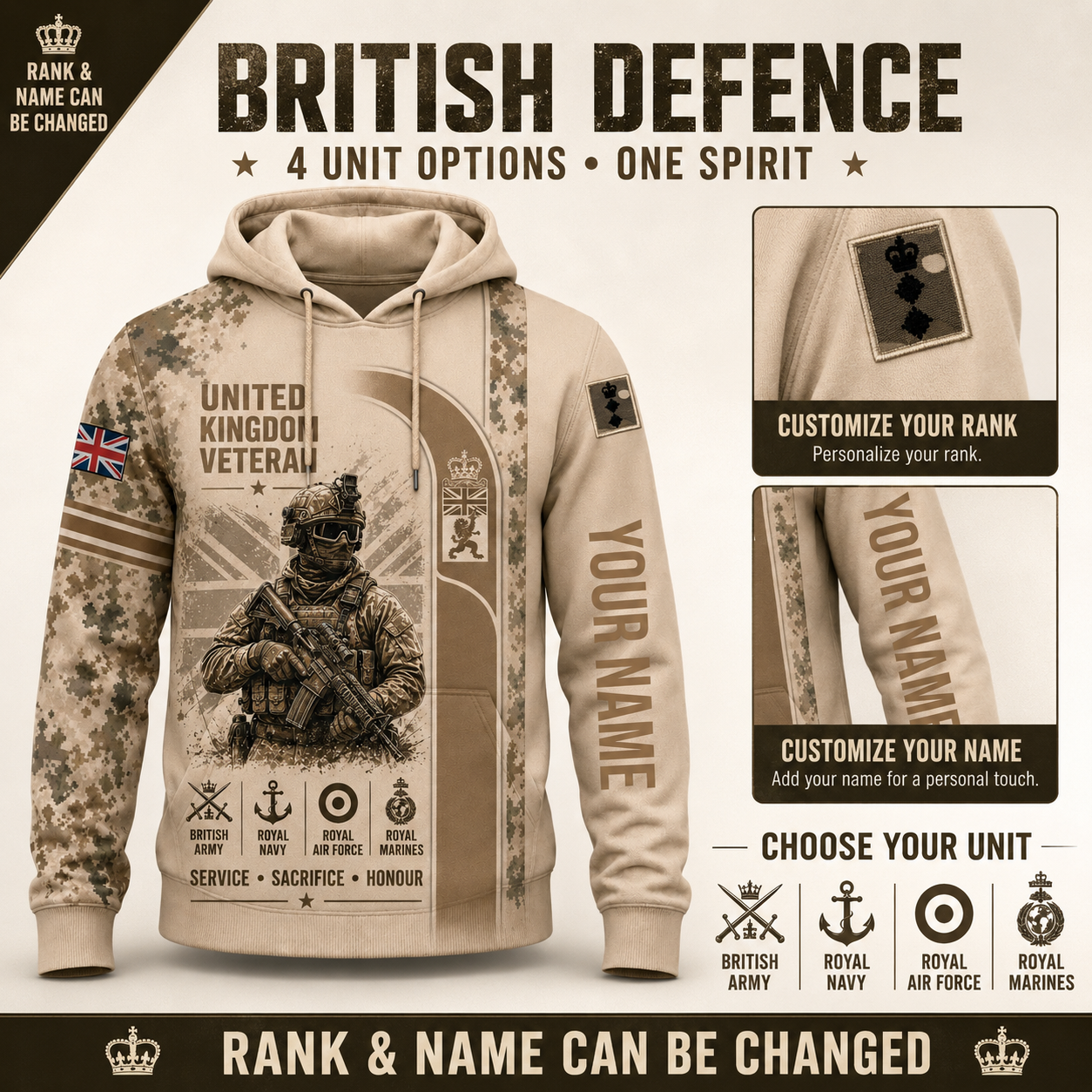 Personalized UK Soldier/Veteran with Name & Rank Hoodie All Over Printed - QK1779148814