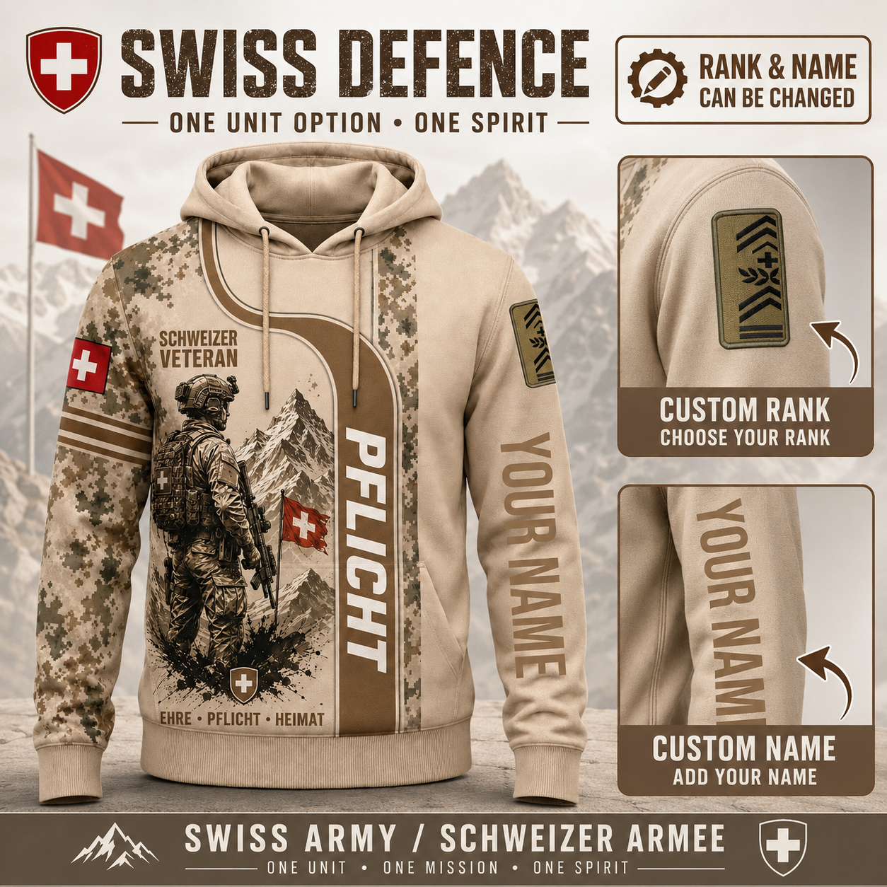 Personalized Swiss Soldier/Veteran with Name and Rank Hoodie All Over Printed - QK1779148833
