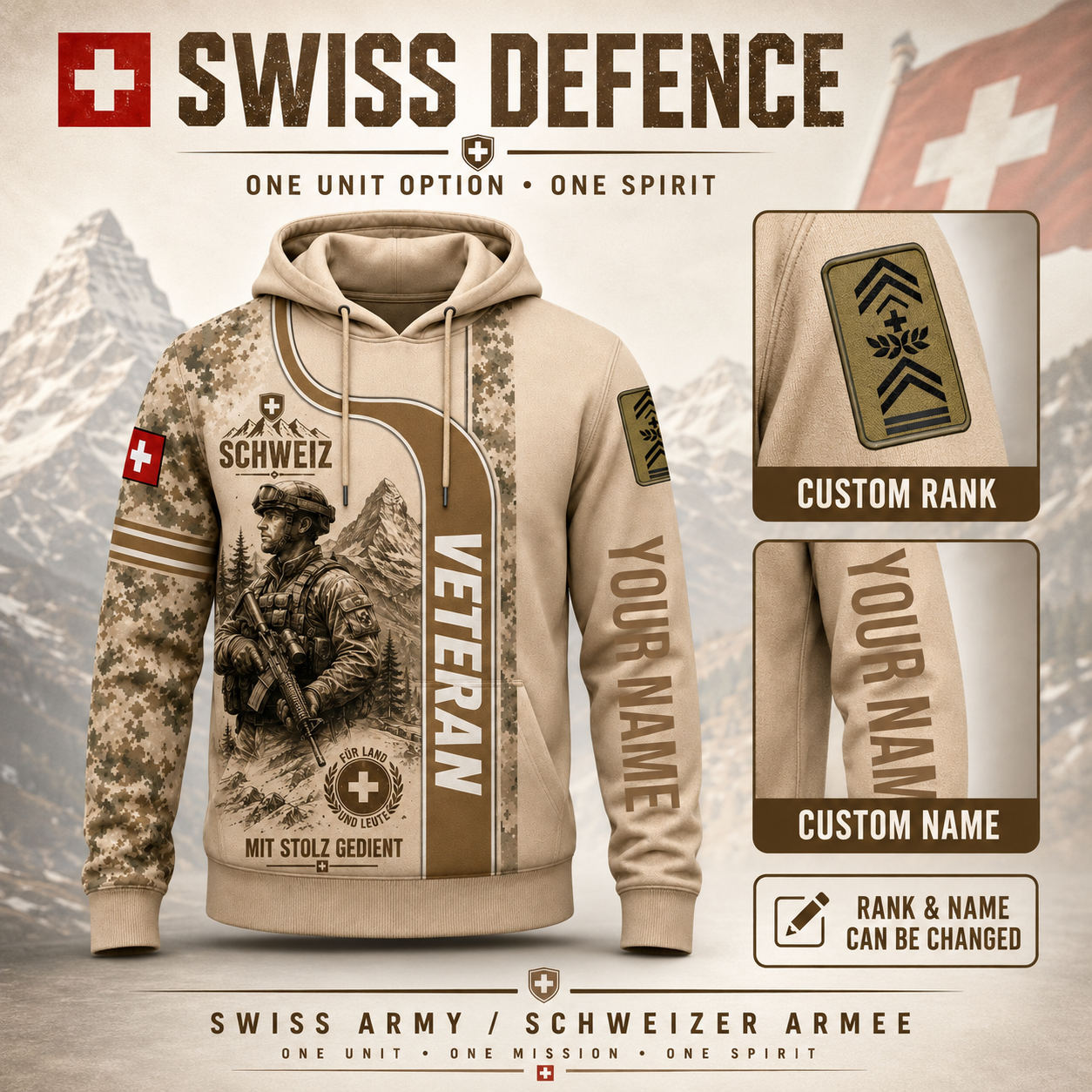 Personalized Swiss Soldier/Veteran with Name and Rank Hoodie All Over Printed - QK1779148834