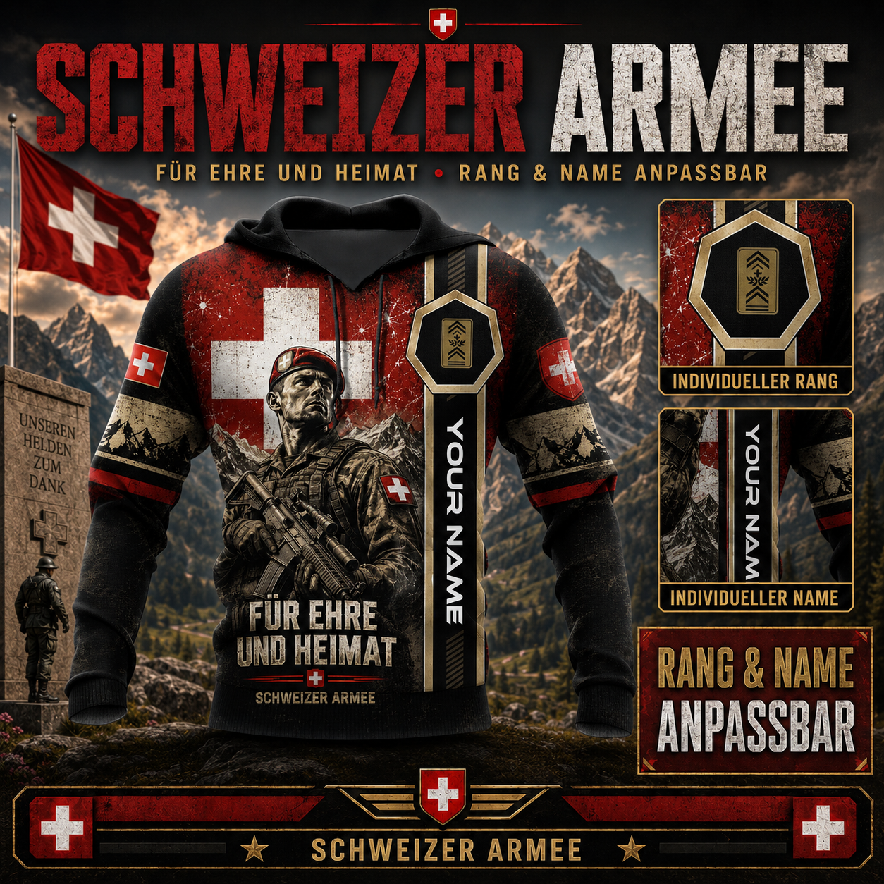 Personalized Swiss Soldier/Veteran with Name & Rank Hoodie All Over Printed - QK1779321613