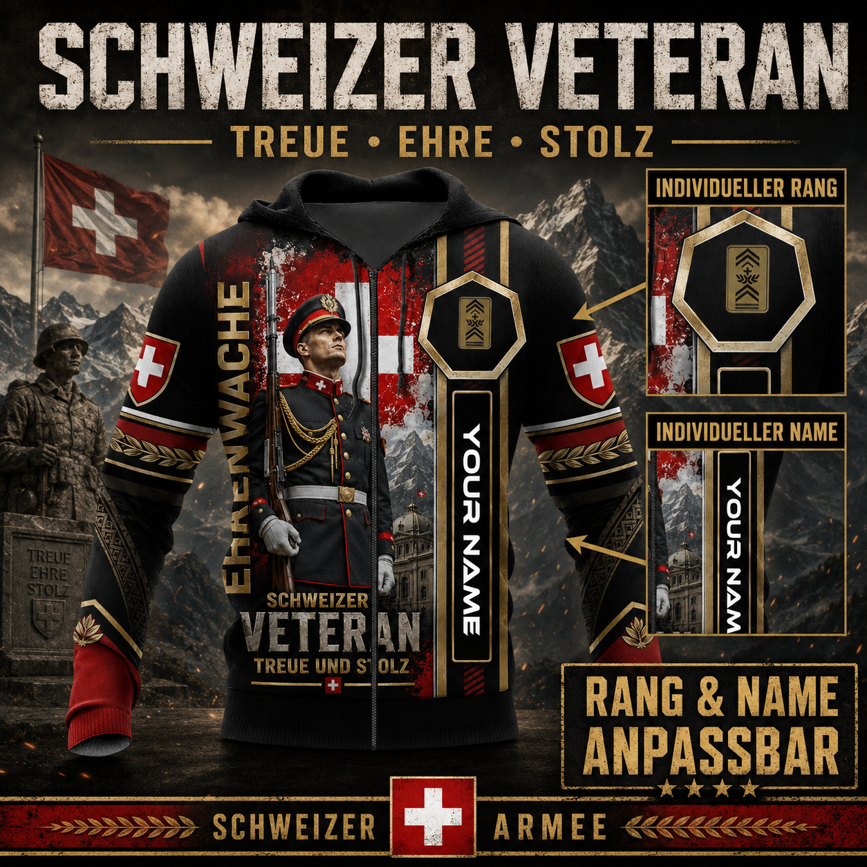 Personalized Swiss Soldier/Veteran with Name & Rank Hoodie All Over Printed - QK1779321614