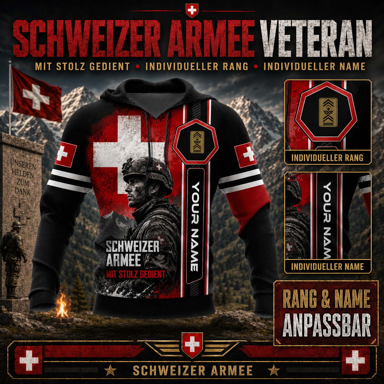 Personalized Swiss Soldier/Veteran with Name & Rank Hoodie All Over Printed - QK1779321616