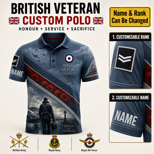 Personalized UK Royal Air Force Soldier/Veteran with Name and Rank Polo All Over Printed - QK1779753619