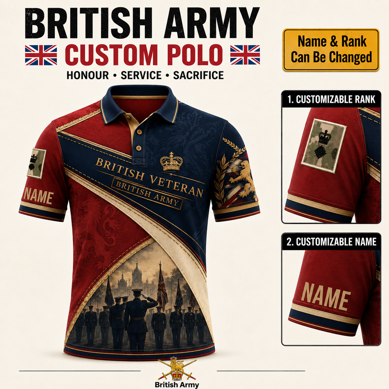 Personalized UK British Army Soldier/Veteran with Name and Rank Polo All Over Printed - QK1779753618