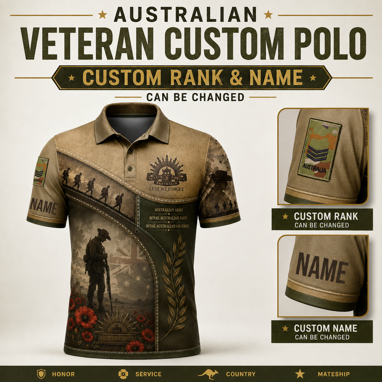 Personalized Australia Soldier/Veteran with Name and Rank Polo All Over Printed - QK1779753601