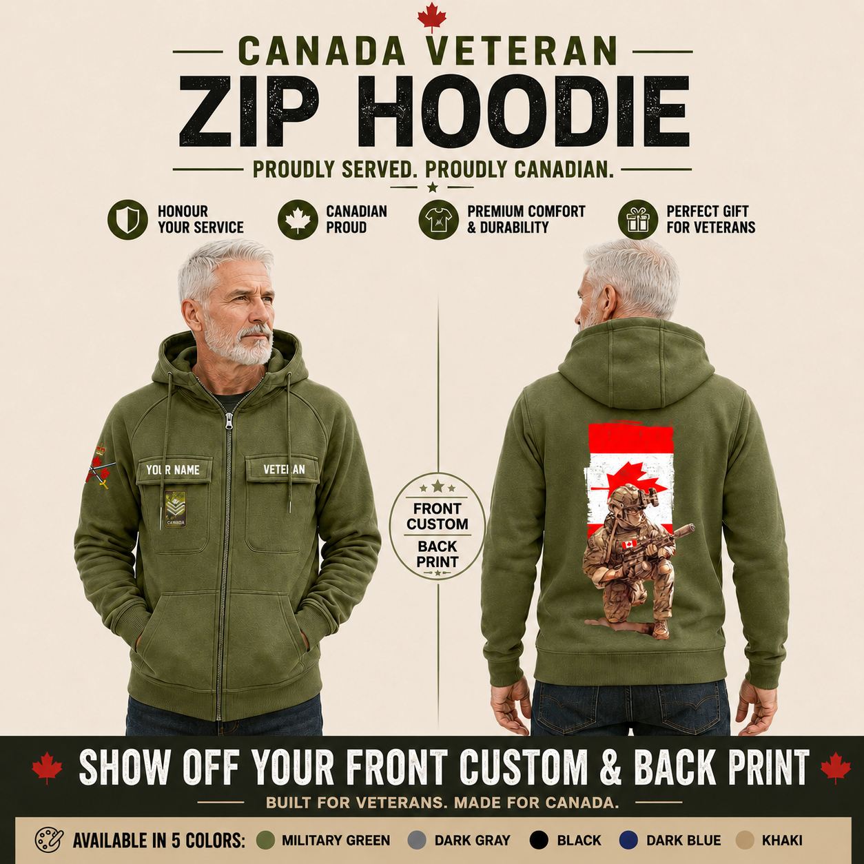 Personalized Canada Soldier/Veteran Tactical Zip Hoodie - QK1779926401
