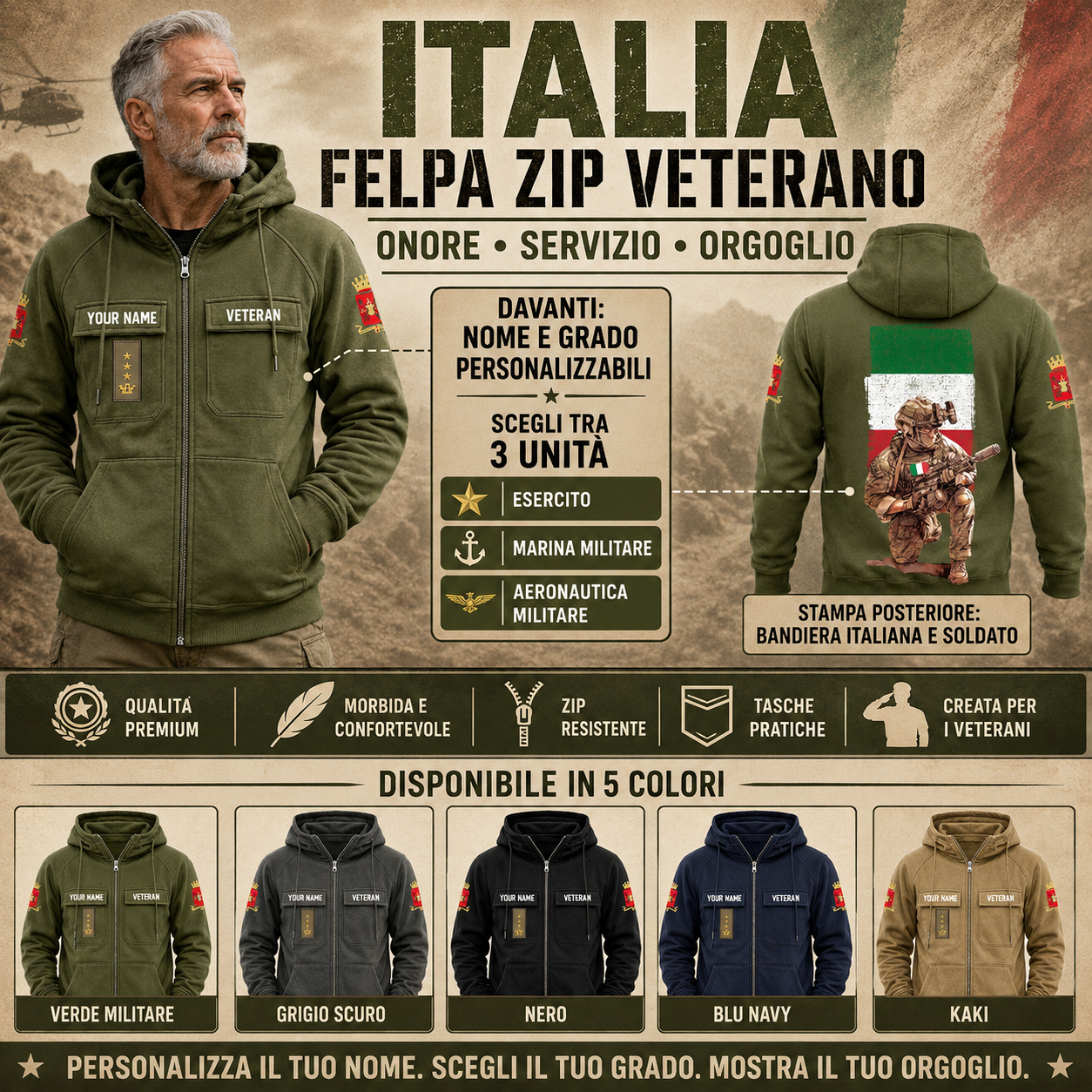 Personalized Italy Soldier/Veteran Tactical Zip Hoodie - QK1779926401
