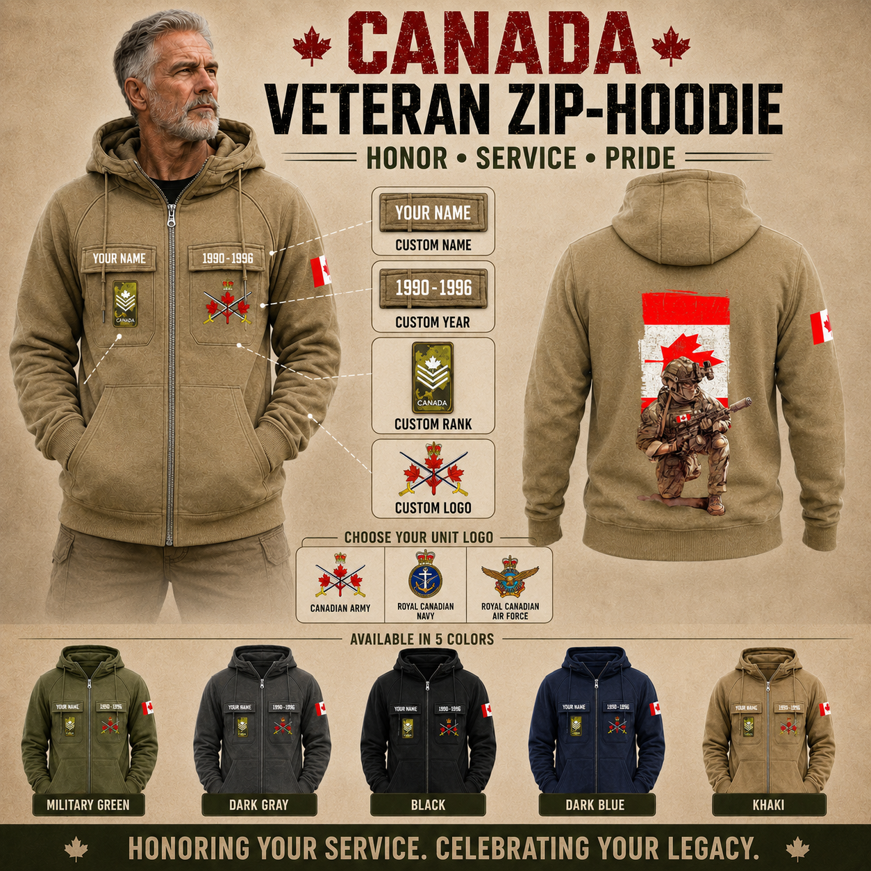 Personalized Canada Soldier/Veteran Tactical Zip Hoodie - QK1779926402