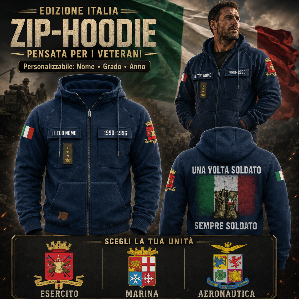 Personalized Italy Soldier/Veteran Tactical Zip Hoodie, Once A Soldier, Always A Soldier - QK1780012801