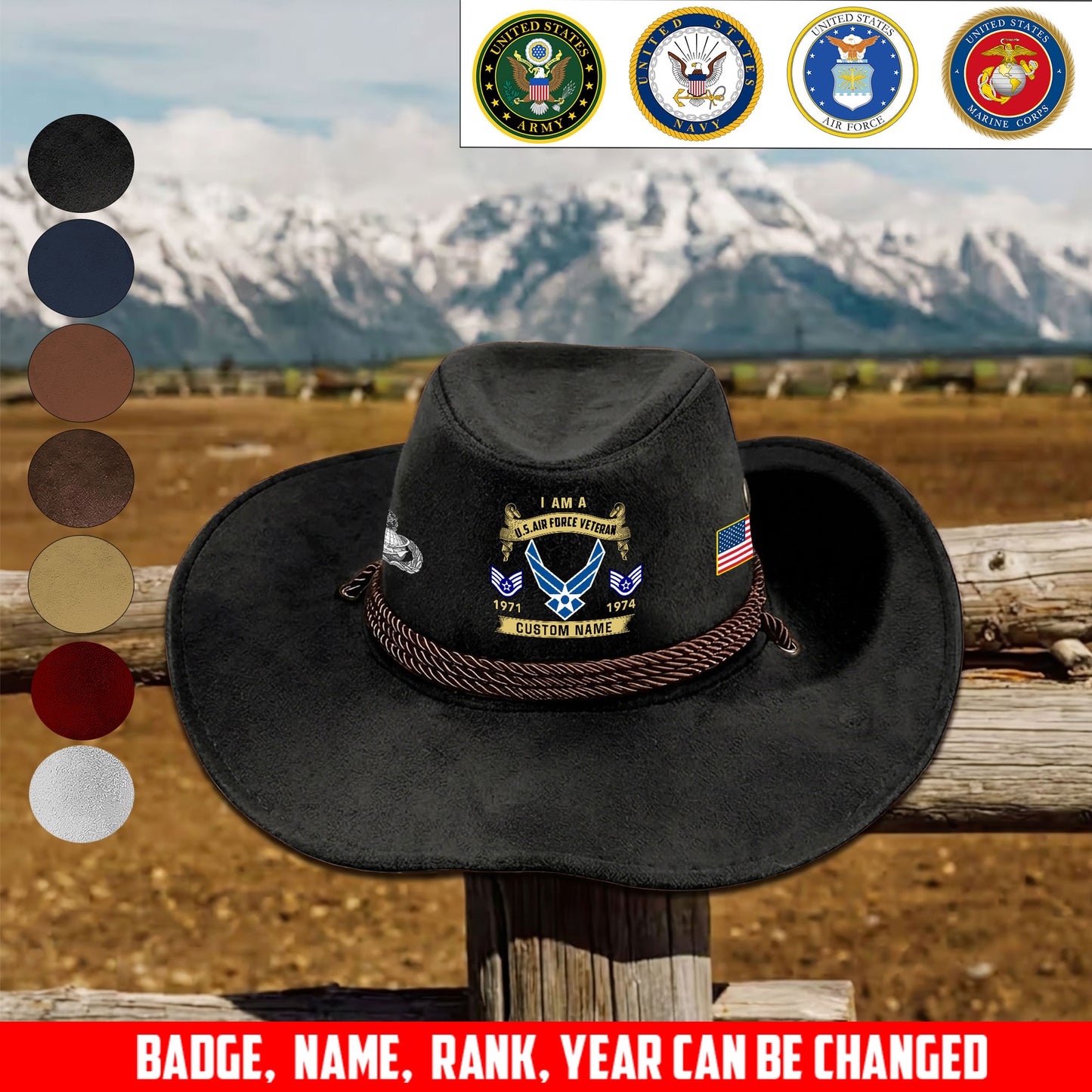 Air Force Badge - Personalized US Soldier/ Veteran With Rank, Name and Year Cowboy Hat - 1776902402