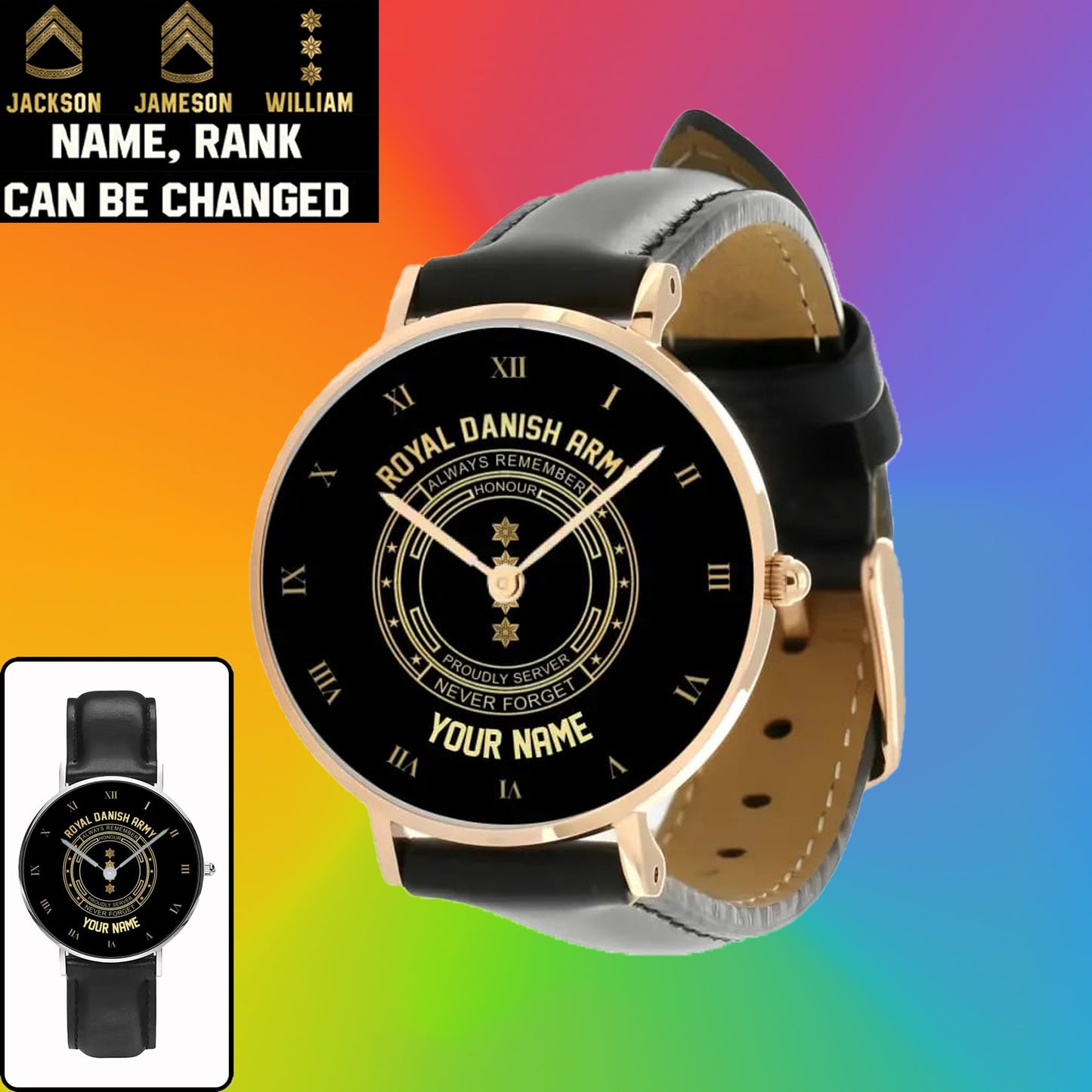 Personalized Denmark Soldier/ Veteran With Name, Rank Black Stitched Leather Watch - 17115840 - Gold Version