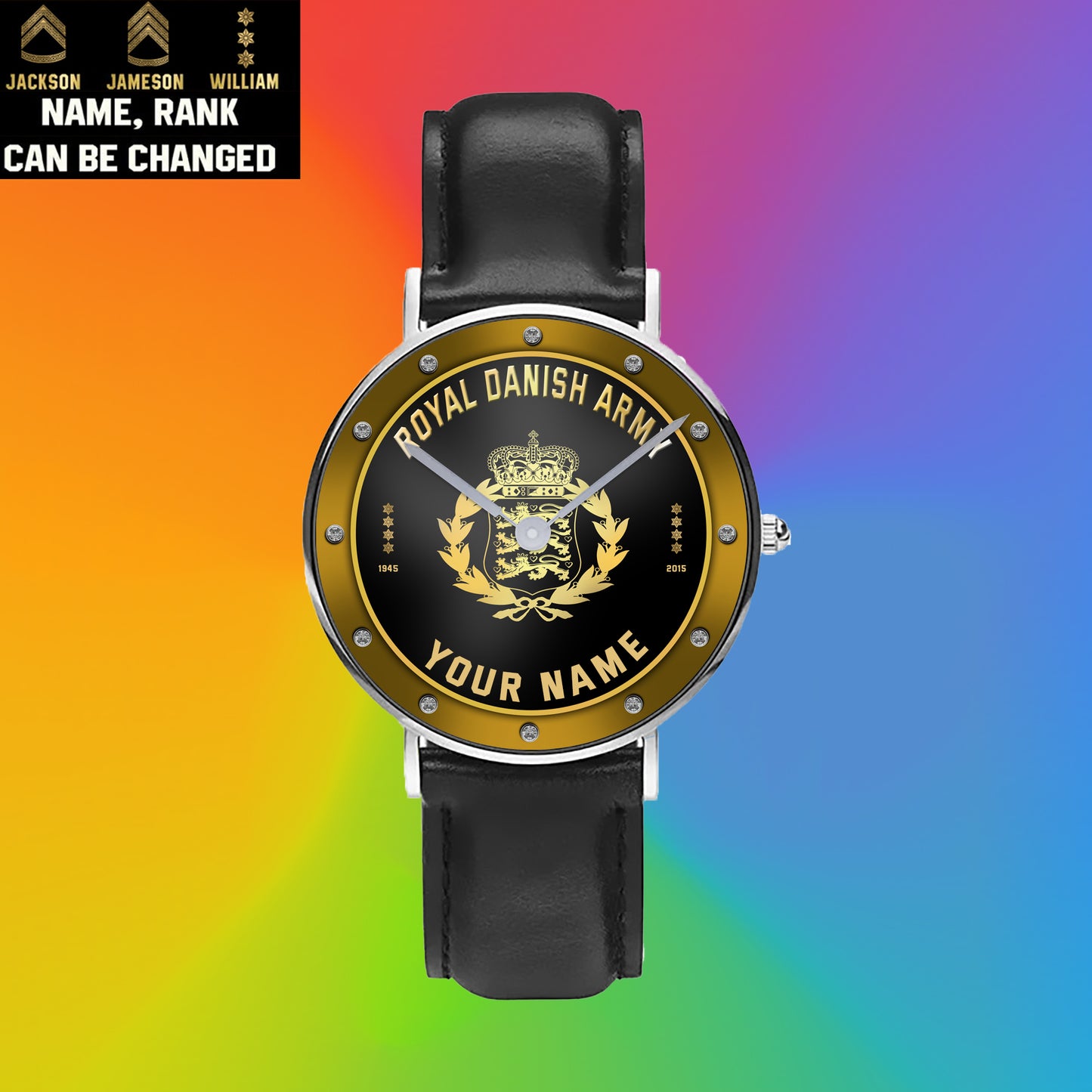 Personalized Denmark Soldier/ Veteran With Name, Rank And Year Black Stitched Leather Watch - 17107200 - Gold Version