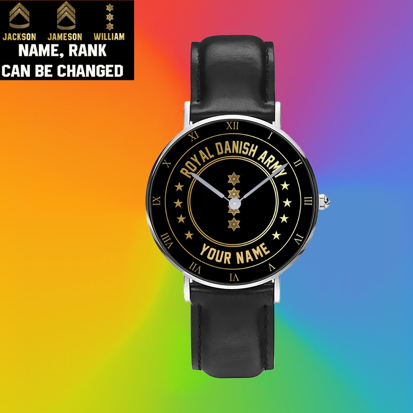 Personalized Denmark Soldier/ Veteran With Name And Rank Black Stitched Leather Watch - 17108928 - Gold Version