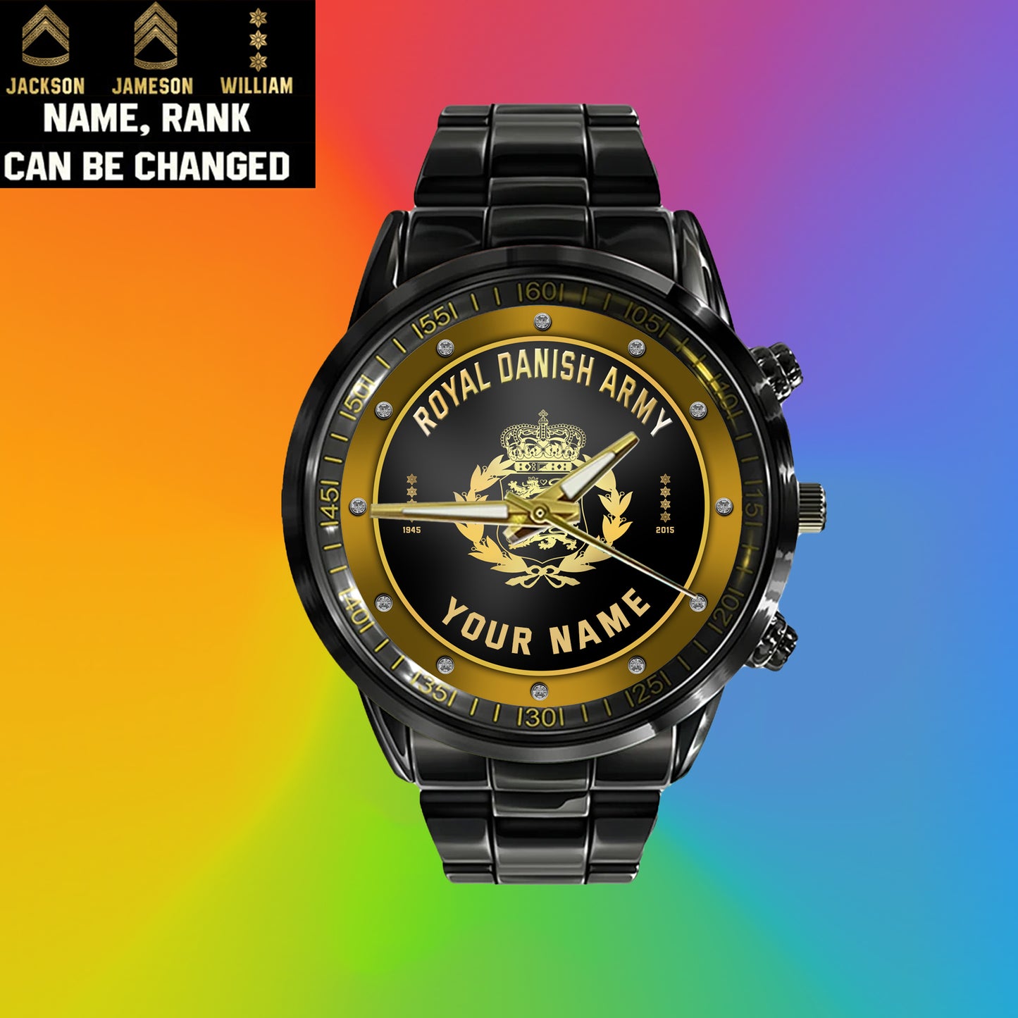 Personalized Denmark Soldier/ Veteran With Name, Rank And Year Black Stainless Steel Watch - 17107200 - Gold Version