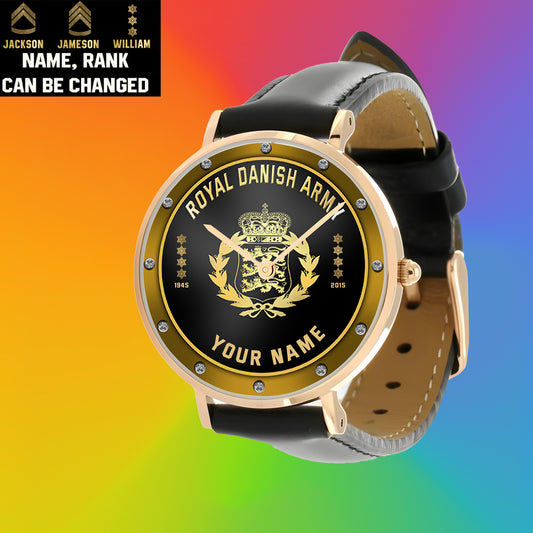 Personalized Denmark Soldier/ Veteran With Name, Rank And Year Black Stitched Leather Watch - 17107200 - Gold Version