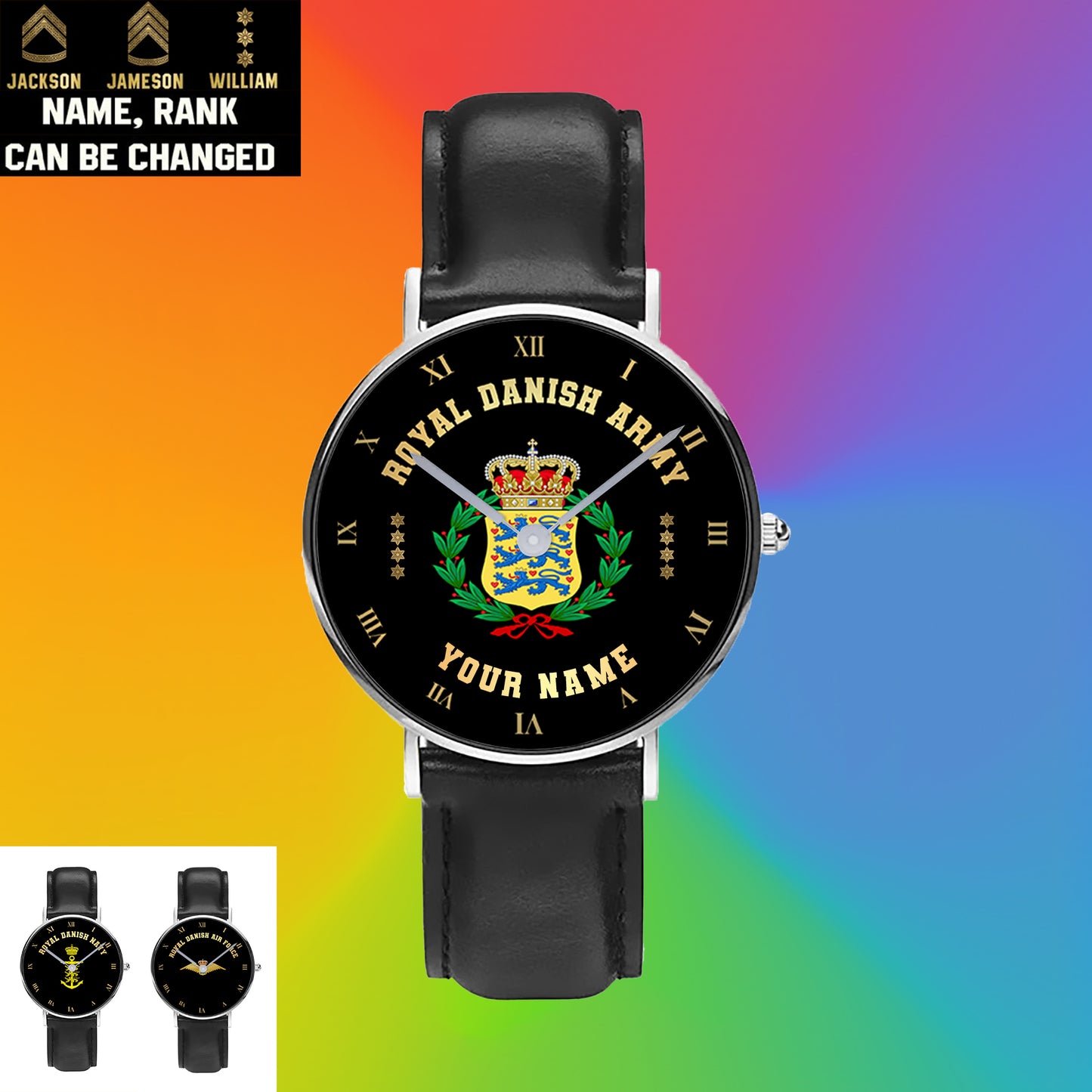 Personalized Denmark Soldier/ Veteran With Name And Rank Black Stitched Leather Watch - 17098560 - Gold Version