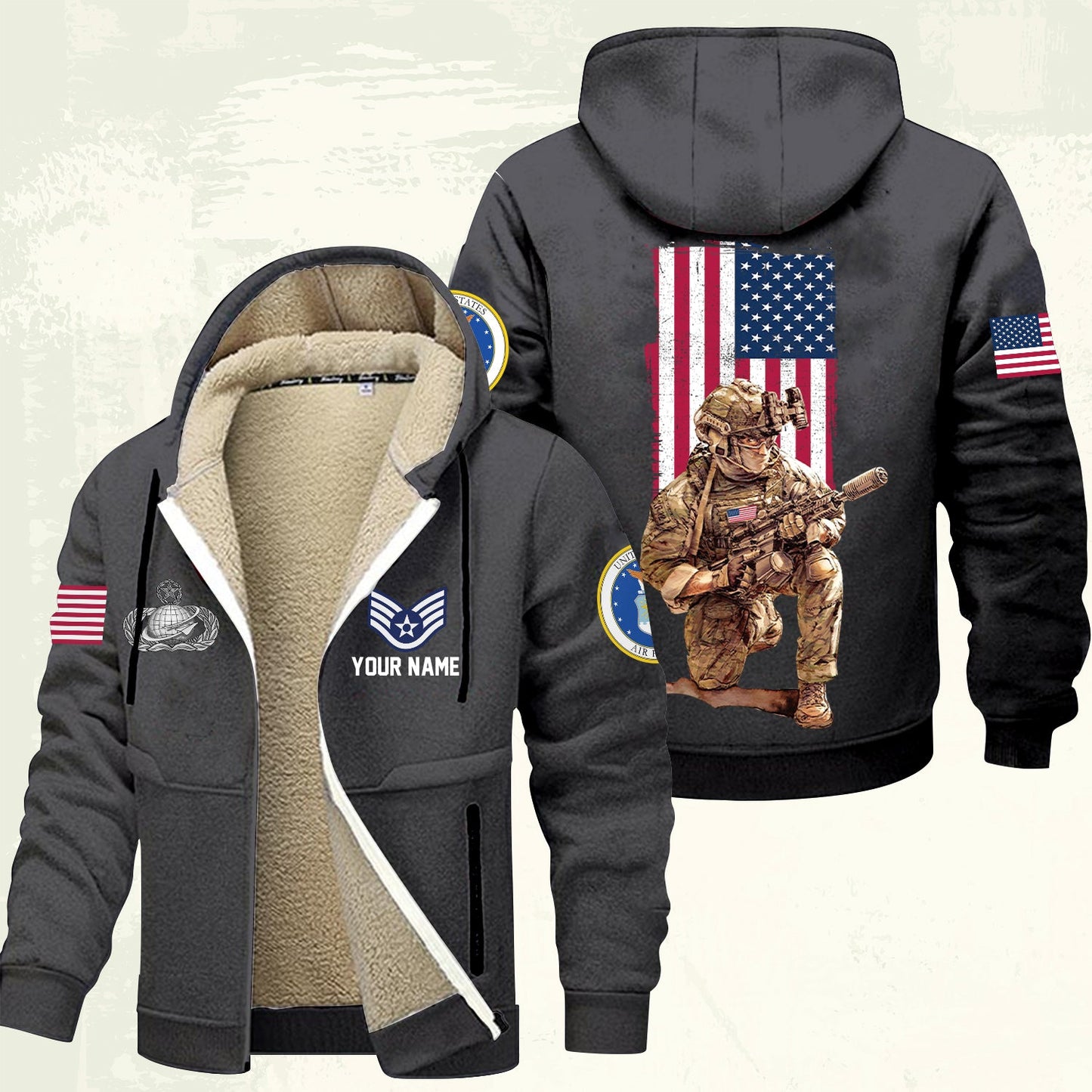 Air Force Badge - Personalized US Soldier/ Veteran With Name And Rank Hoodie Zip Velvet Coat - 17363808