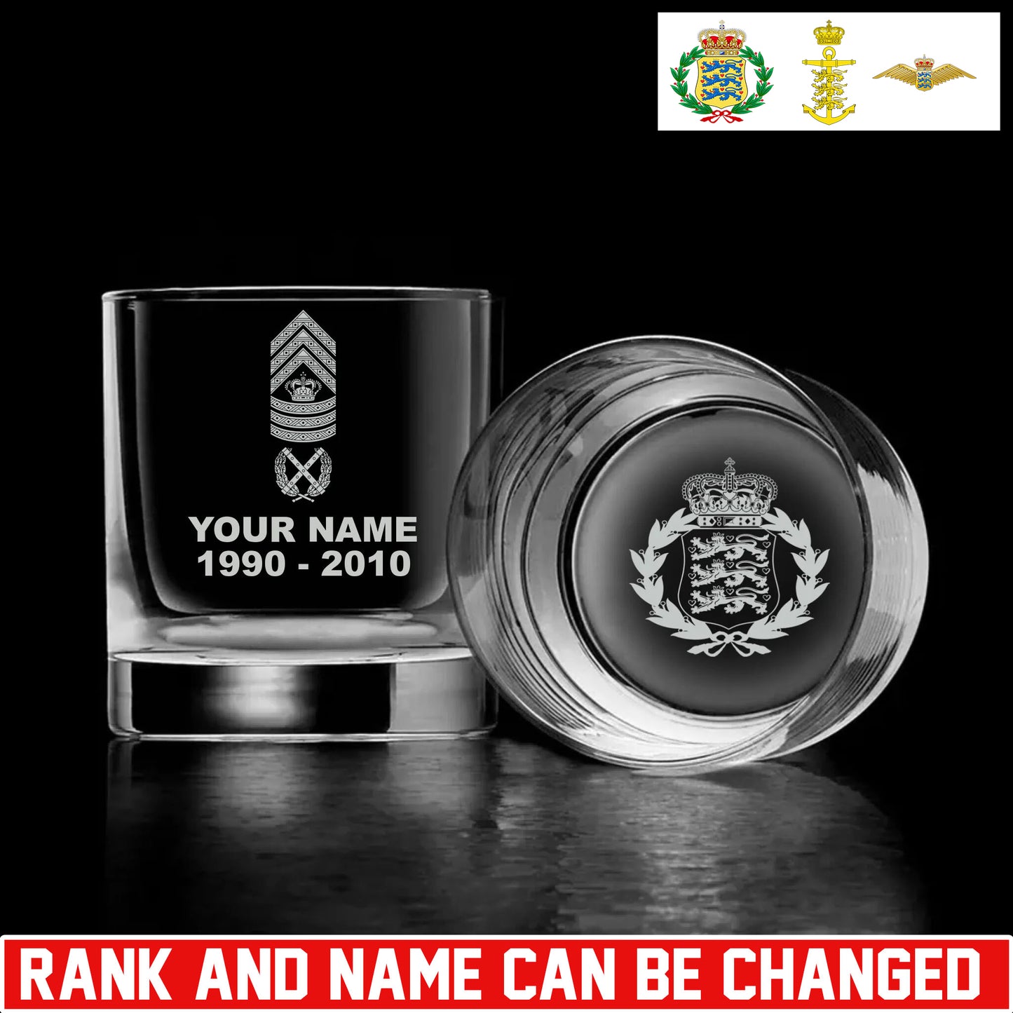 Personalized Denmark Soldier/ Veteran With Rank And Name Whiskey Glass - 17696448