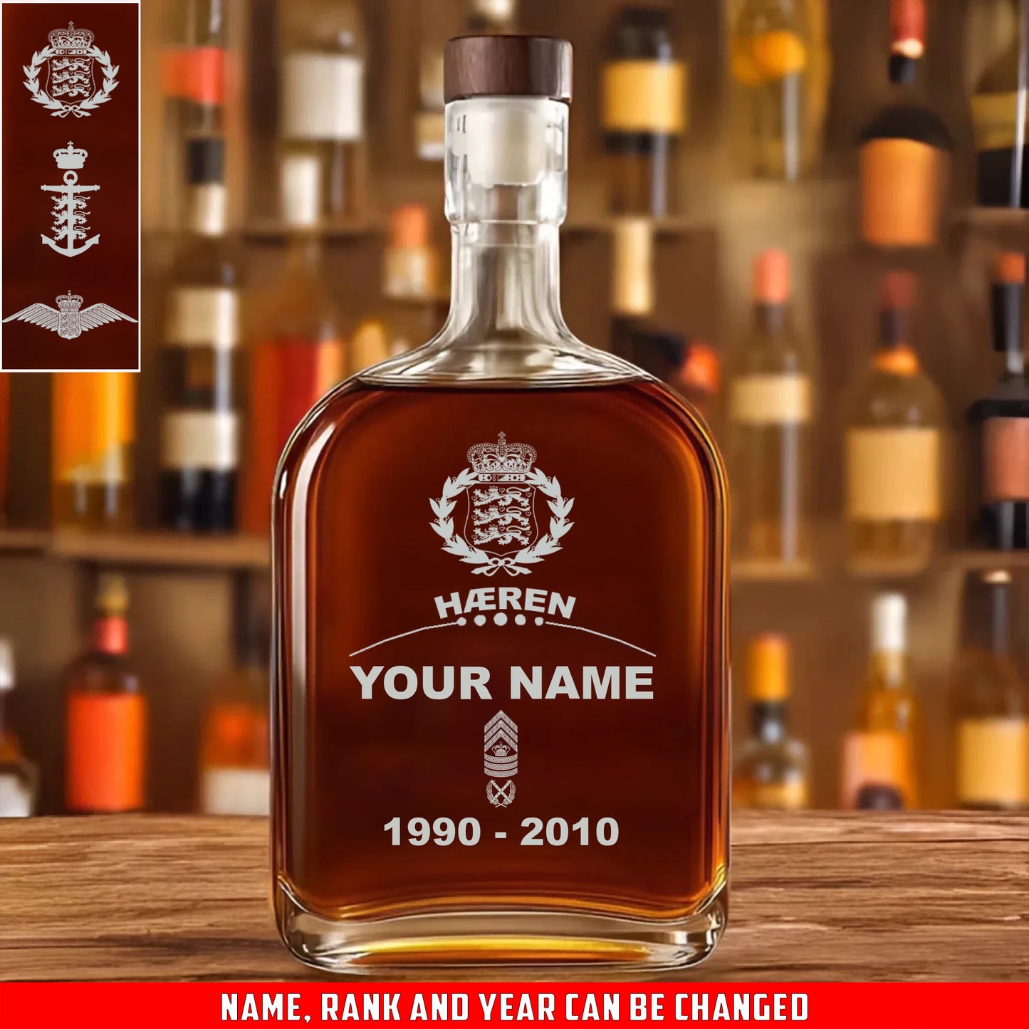 Personalized Denmark Soldier/ Veteran With Rank, Name And Year Whiskey Bottle Glass - 17727552