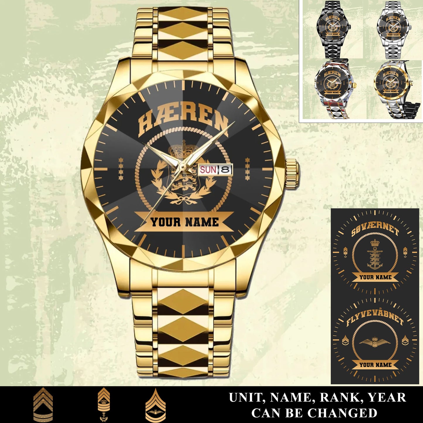 Personalized Denmark Soldier/ Veteran With Rank And Name Gentleman Crystal Metal Watch - 17442432