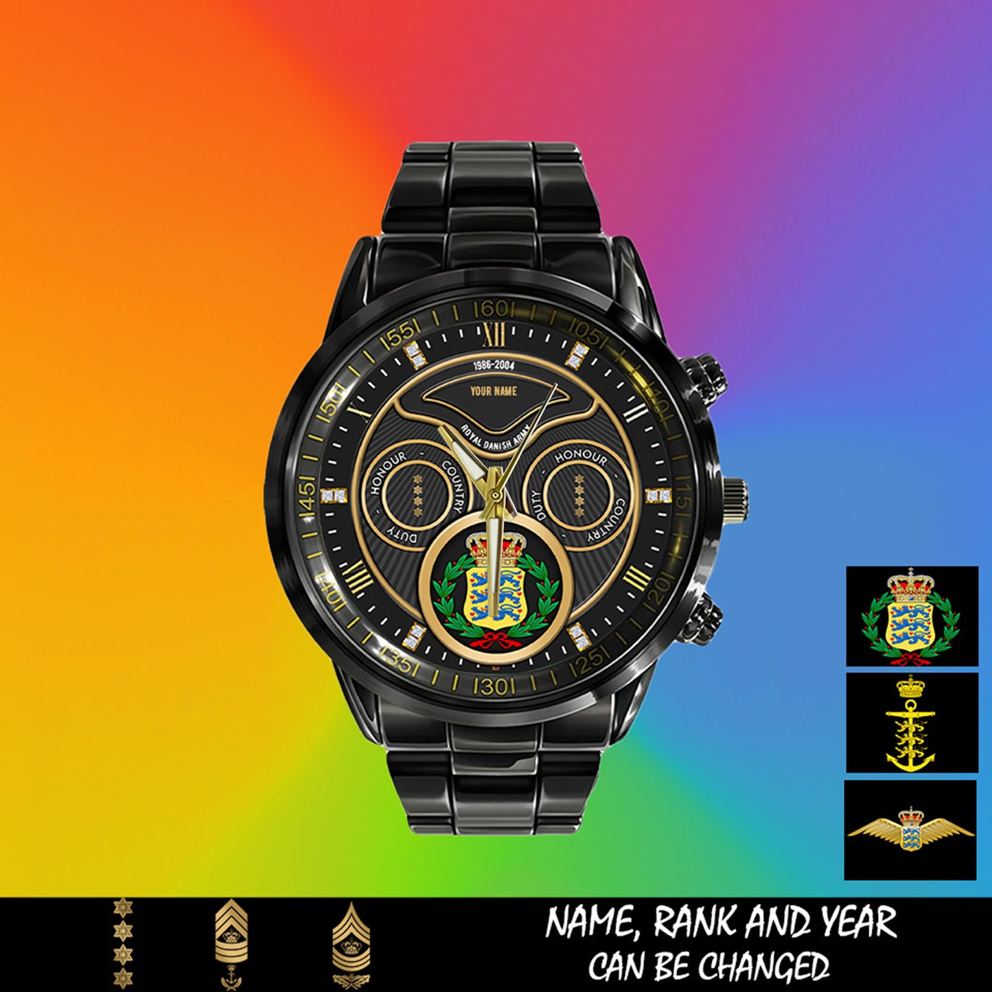 Personalized Denmark Soldier/ Veteran With Name, Rank And Year Black Stainless Steel Watch - 17286660 - Gold Version