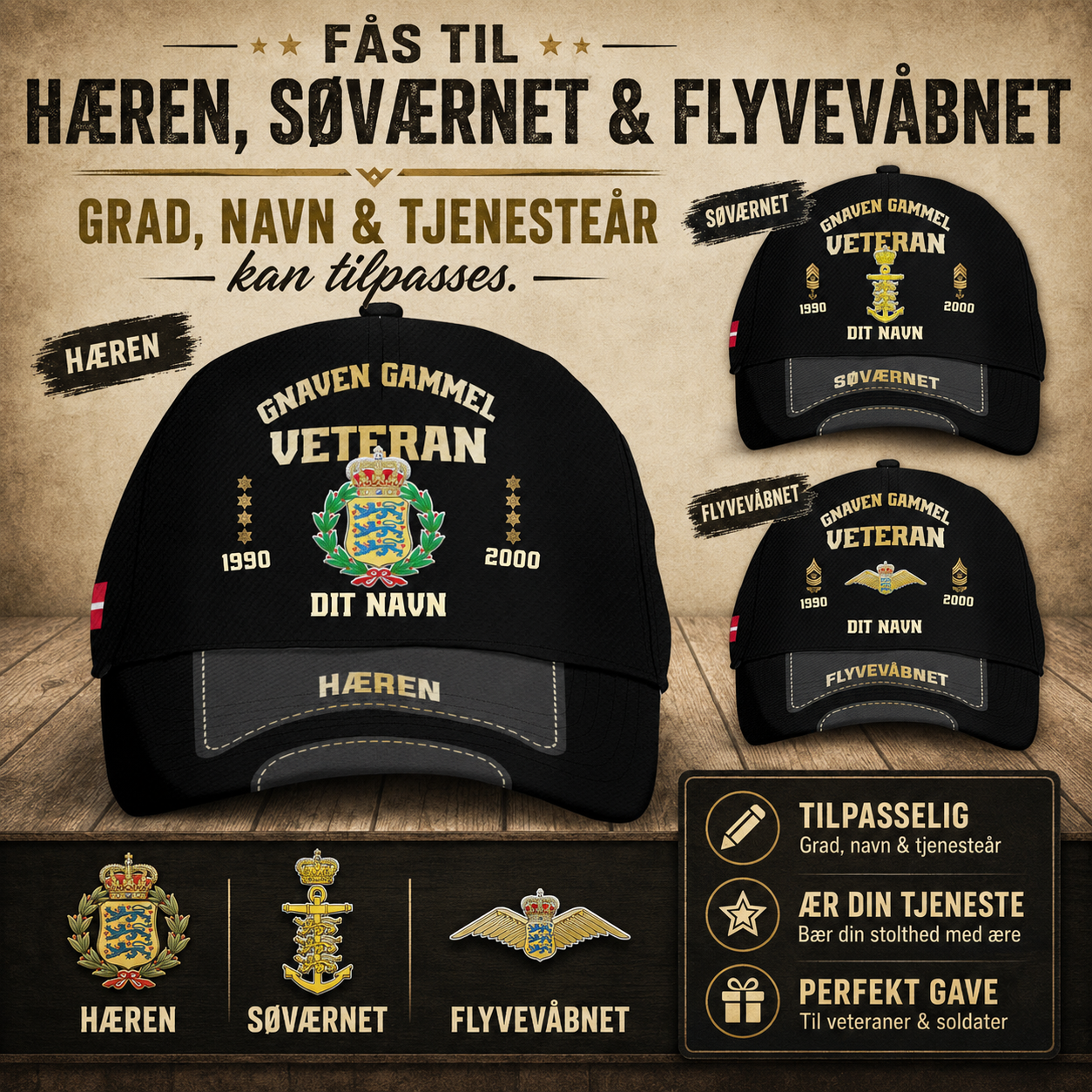 Gnaven Gammel Dansk Veteran Kasket - Personliggjort med Navn & Rang - 1757376005
