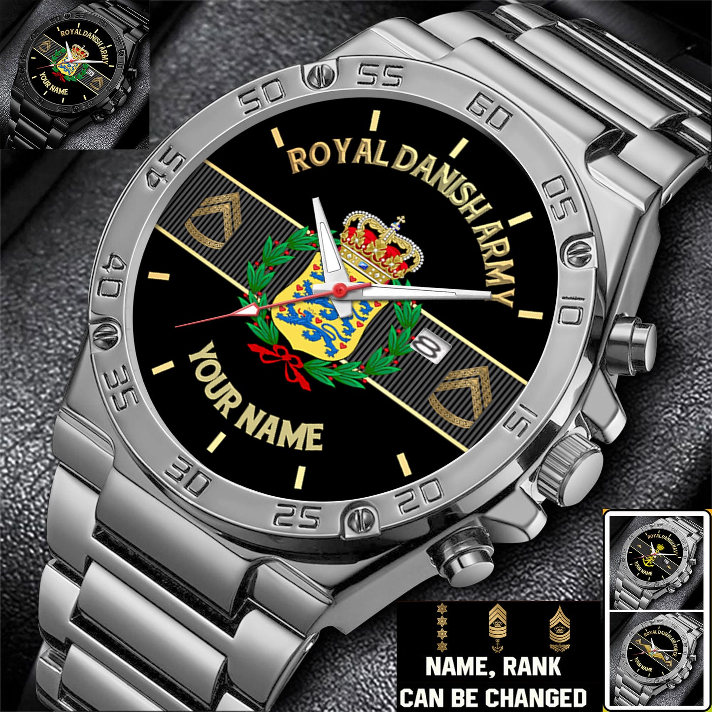 Personalized Denmark Soldier/ Veteran With Name And Rank Gentleman Stainless Steel Watch - 17388000