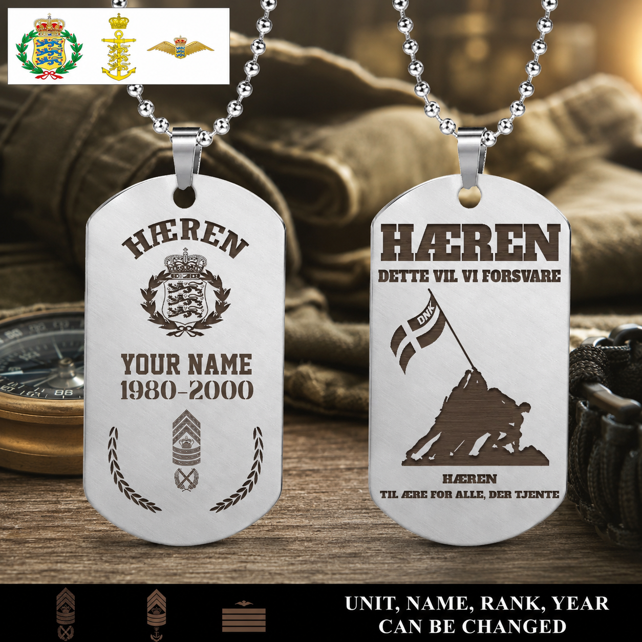 Personalized Denmark Soldier/Veteran with Rank, Name & Year Dog Tag Necklace - 17657568