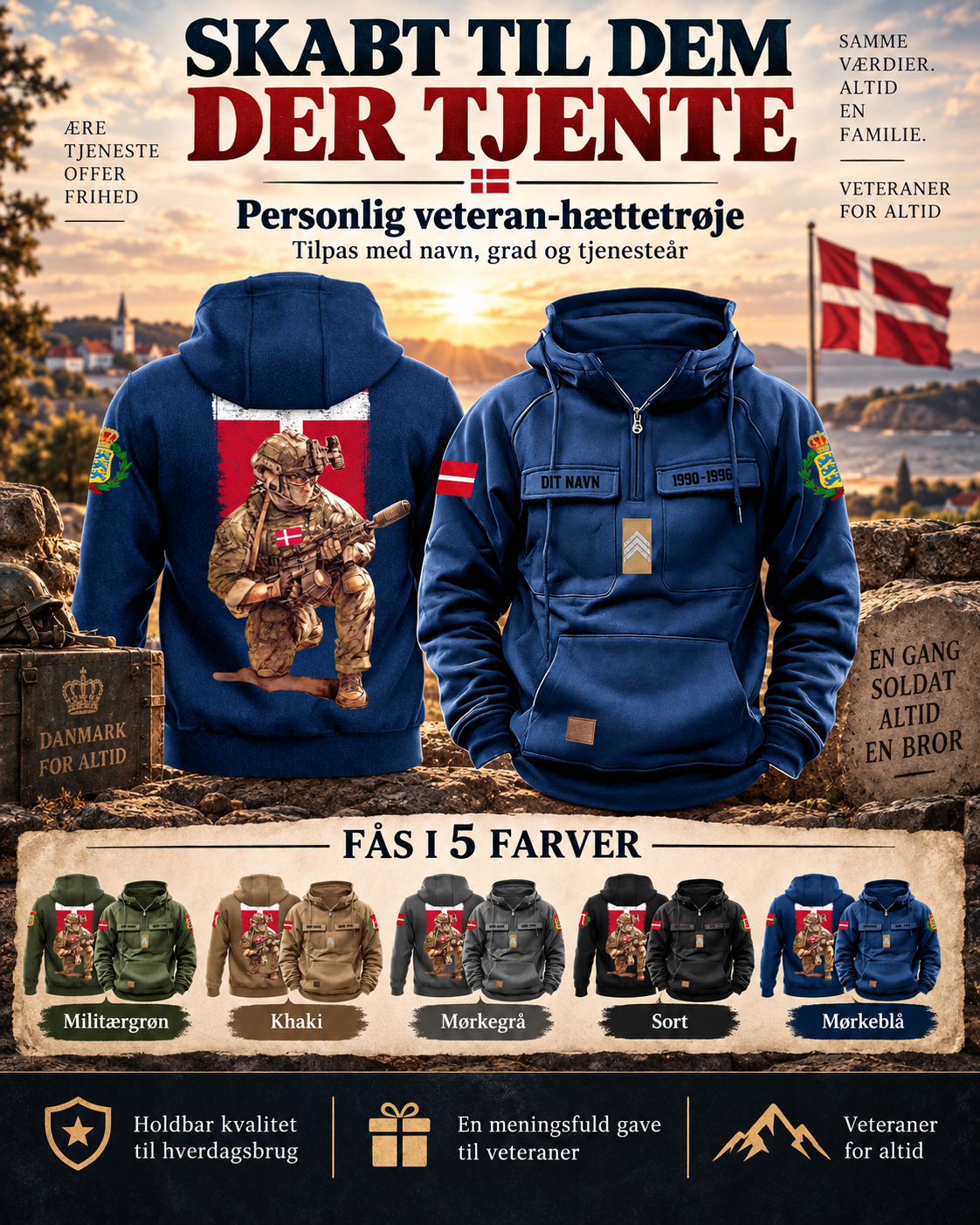 Personalisierter Dänemark Soldat/Veteran Vintage Kapuzenpullover Allover bedruckt - 27062401QA