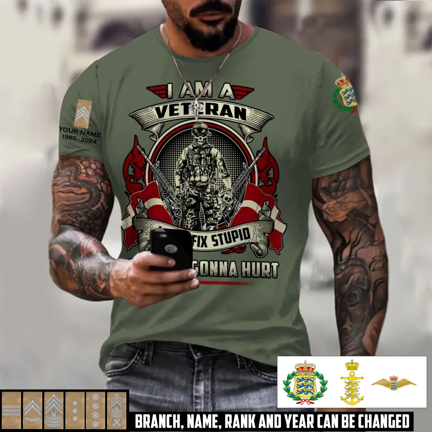 Personalized Denmark Soldier/Veteran Camo with Name, Year and Rank T-Shirt All Over Printed - 17413056