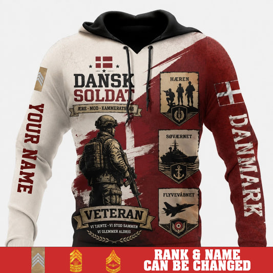 Personalized Denmark Soldier/Veteran with Name & Rank Hoodie All Over Printed - 17781984