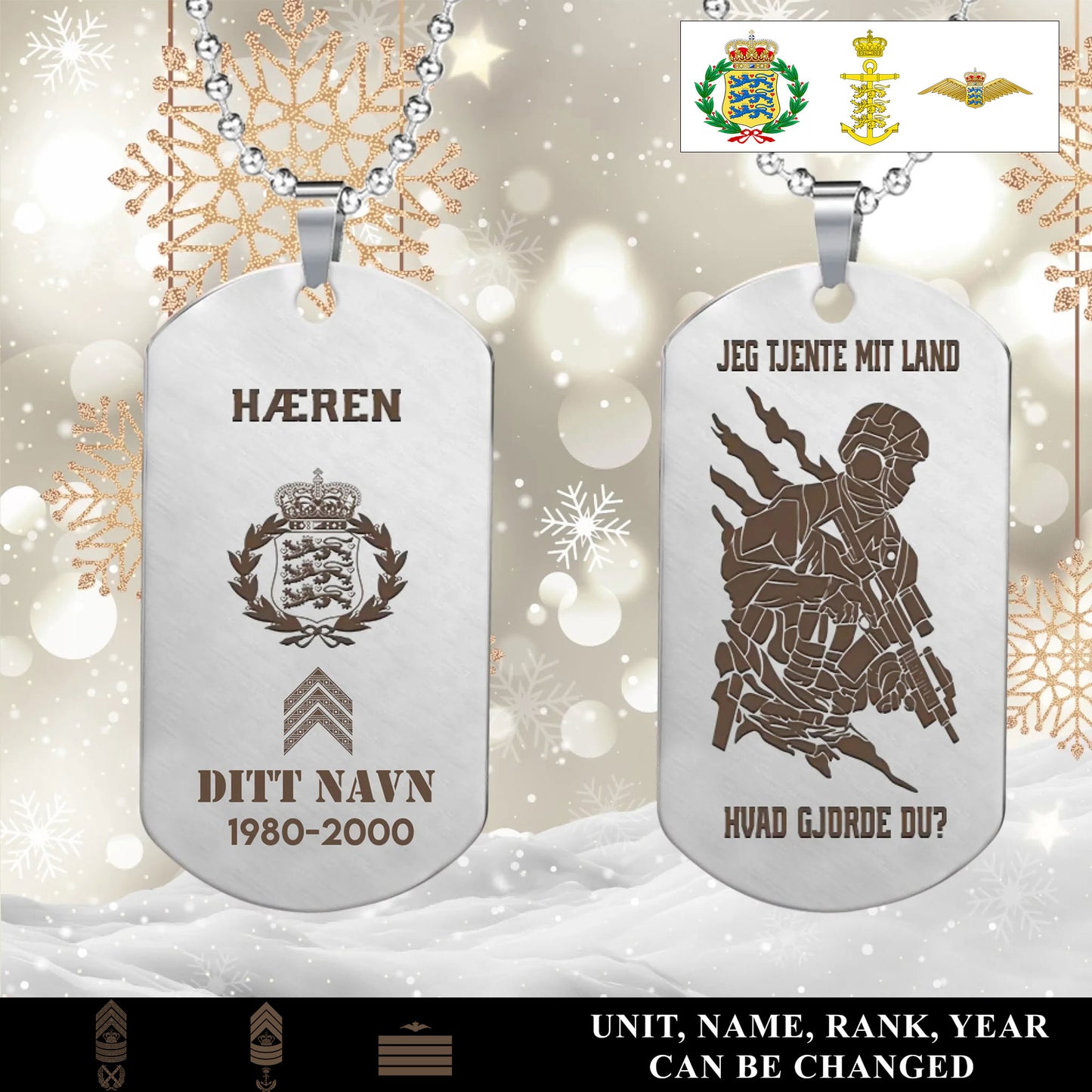 Personalized Denmark Soldier/Veteran with Rank, Name & Year Dog Tag Necklace - 1763942401