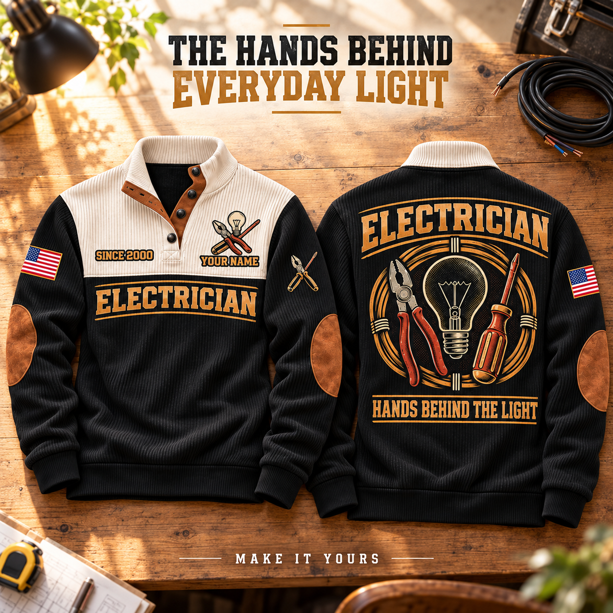 ELC01 Electrician personalized sports sweatshirt square Facebook advertisement with flat printed artwork