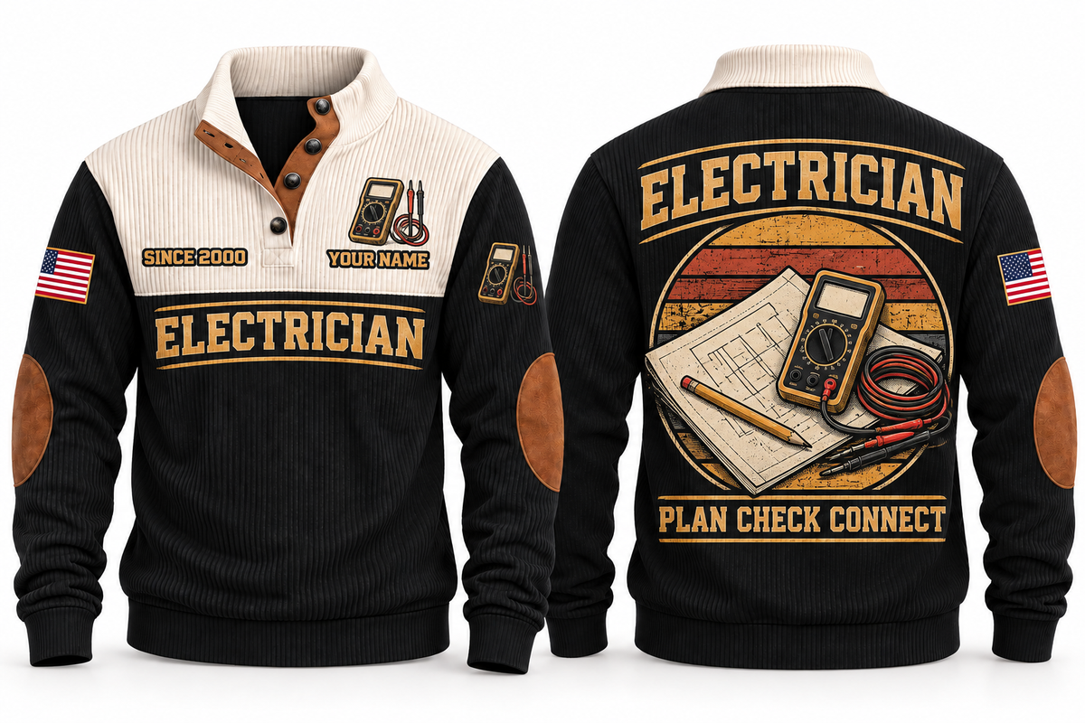 Electrician ELC02 sports sweatshirt black, front and back with flat printed artwork