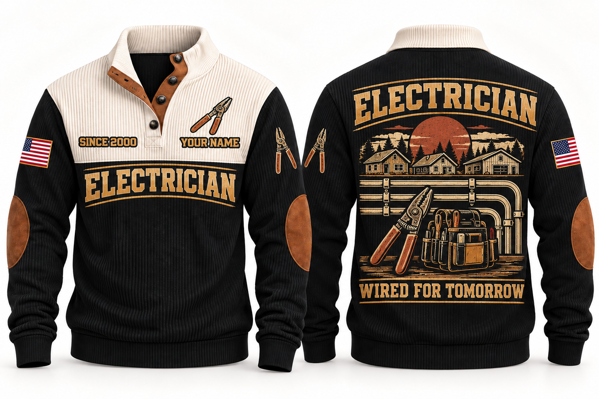 Electrician ELC03 sports sweatshirt black, front and back with flat printed artwork