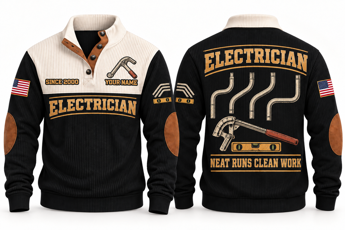 ELC04 Personalized Electrician Clean Runs Sports Sweatshirt in Black, front and back