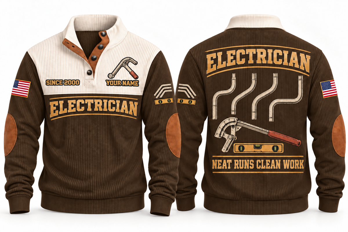 ELC04 Personalized Electrician Clean Runs Sports Sweatshirt in Brown, front and back