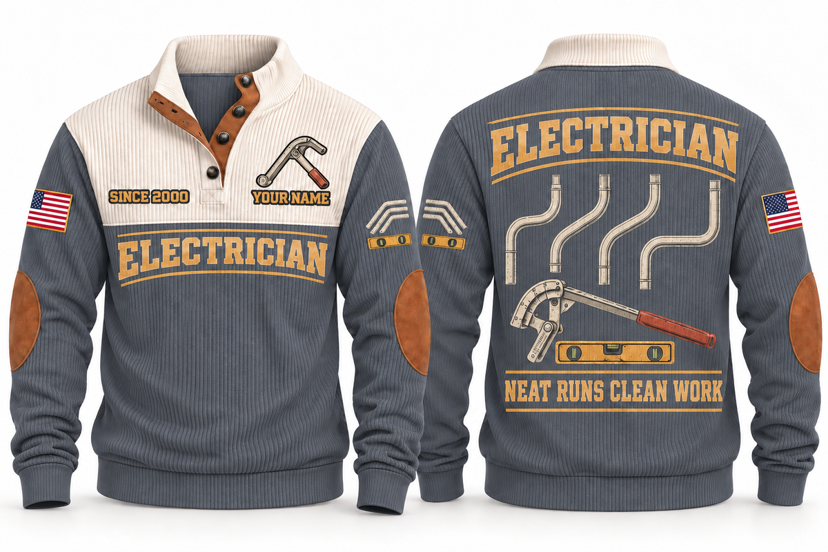 ELC04 Personalized Electrician Clean Runs Sports Sweatshirt in Grey, front and back